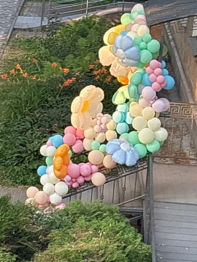A colorful balloon arch is displayed outdoors. The arch is made up of many balloons in various pastel colors, including pink, blue, green, yellow, and white. Some balloons are clustered together to form larger shapes, resembling flowers. The arch is positioned in front of a lush green hedge and a walkway with a metal railing. In the background, there is a glimpse of a building and a set of stairs. The lighting suggests it is daytime, possibly late afternoon, with some shadows visible. There are a few small orange flowers blooming in the greenery. The overall scene appears to be festive, likely set up for an event or celebration. No people are visible in the frame, and there is no visible text. The location context indicates this is in Pereiaslav, Ukraine.