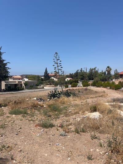 The image depicts a dry, arid landscape in the Moni Community, Cyprus, under a clear blue sky. The foreground is dominated by dry, golden grass, dirt, and scattered rocks, with some sparse green vegetation. In the mid-ground, a large agave plant with a tall, flowering stalk stands prominently to the right. Behind the agave, a paved road winds through a residential area. Several houses with neutral-colored facades and tiled roofs are visible, interspersed with trees and bushes. Utility poles with power lines run overhead. A car is parked on the road in the distance. The overall impression is one of a rural or suburban environment in a warm climate, with signs of drought and dry vegetation.