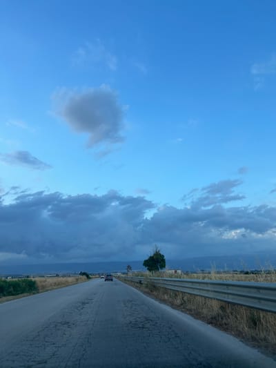 The image depicts a paved road stretching into the distance under a vast blue sky with scattered clouds. The road surface shows signs of wear, with visible cracks and patches. Dry, golden grass lines the sides of the road, with a metal guardrail on the right. In the background, distant hills or mountains are visible, partially obscured by a dark band of clouds. A few cars are driving on the road, and on the left side of the road, there is a dense green bush. A single, tall tree with sparse foliage stands further back on the left. The overall scene suggests an outdoor, rural or semi-rural environment, possibly in the outskirts of Manfredonia, Italy, given the characteristic landscape and road infrastructure. The lighting indicates it could be late afternoon or early evening.