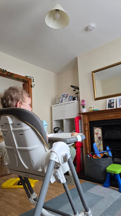 The image shows a young child in a high chair, facing away from the camera and to the left. The child has light-colored curly hair. The high chair is white and gray, with a tray in front of the child. There appears to be a cookie on the tray. The high chair is positioned on a patterned rug in a room. To the right of the high chair is a fireplace with a wooden mantelpiece. Above the mantelpiece is a mirror with a gold frame, and on the wall to the left of the mirror are several framed photographs. To the left of the fireplace, a white shelving unit holds various items, including picture frames and a decanter. A hanging lamp with a white shade is visible on the ceiling. A pink flower in a white pot sits on the mantelpiece. A dark gray bin filled with toys, including a blue airplane, is placed on the floor in front of the fireplace. A small blue and green stool is to the right of the bin. The overall impression is a domestic interior, likely a living room. The location is not specified in the image or metadata.