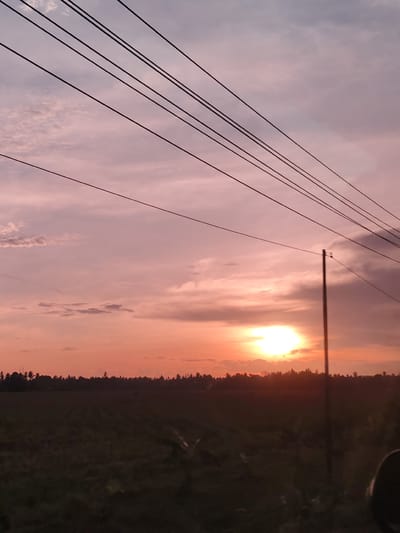 The image depicts a rural scene at dusk in Cotentung, Indonesia. The sun is setting on the horizon, casting an orange and yellow glow across the sky, which is also filled with pink and gray clouds. In the foreground, a dark, uncultivated field stretches out towards a line of trees in the midground. An electrical pole stands upright in the right of the frame, with multiple power lines strung across the top of the image. The overall scene is serene and quiet.