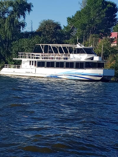 A large, white passenger boat, identified as "REAUCO II" with the registration "I 15150", is depicted on a body of water. The boat features multiple decks, numerous windows, and white railings, suggesting it is a tour boat or ferry. Its side is decorated with distinctive blue and light blue striped patterns.
The vessel is positioned near a densely wooded shoreline, rich with various green trees, under a clear, bright blue sky. The water surface shows texture from ripples or light, reflecting the daylight. The scene takes place during a sunny day, likely morning or afternoon, with no adverse weather conditions visible.
While no people are explicitly visible on board, the boat's design indicates its purpose for carrying passengers, likely for tourism or transport in the scenic area. The location context indicates this is Villa Carlos Paz, Argentina, suggesting the boat is on Lake San Roque.