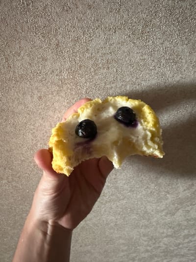 A person is holding a partially eaten blueberry muffin in their right hand. The muffin has a golden crust and a lighter interior with two visible blueberries. The background is a textured, beige-colored wall. It's impossible to ascertain the location as Vorotynsk, Russia from the image.