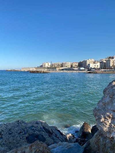 The image depicts a coastal scene in Beau Fraisier, Algeria, viewed from a high angle overlooking the sea and coastline. On the right, a rocky outcrop dominates the foreground with waves crashing against it. To the left, the coastline extends, lined with buildings and a promenade. The buildings vary in height and architectural style, but they are predominantly light-colored. A clear blue sky fills the upper left portion of the image. The sea is a greenish-blue color, reflecting the sky and depths. No people are clearly visible, but there are indications of human presence along the promenade. The environment is sunny and clear, suggesting a warm, Mediterranean climate.