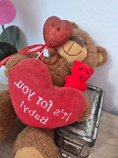 The image shows a close-up of several teddy bear toys and a red heart on a wooden surface, with a white wall in the background. A large, brown teddy bear is positioned centrally, holding a large red plush heart embroidered with white text. The text on the heart appears to be "Repol for you". A smaller, red teddy bear is perched on the larger teddy bear's arm, near the heart. Above the larger teddy bear's head, a smaller, red, glittery heart on a stick is visible, attached with a red ribbon. To the left of the teddy bears, a portion of a pink flower with green leaves is visible. To the right of the teddy bears, a rusty, metallic container with a latch is partially visible. The scene appears to be set indoors, with natural light illuminating the objects. There is no indication of the city of Troyanovo, Bulgaria in the image.