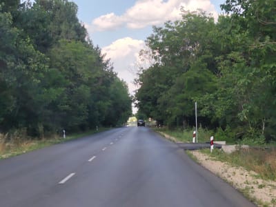 A dark-colored car drives down a paved road lined with trees on either side. The road has white dashed lines marking the lanes. The trees create a canopy over the road, with sunlight filtering through the leaves and onto the pavement. The sky above is blue with white, puffy clouds.

On the right side of the road, there are several white and red striped road markers, and some concrete barriers. A circular sign with red and white markings is visible on a pole in the distance. The scene appears to be set in a rural or natural environment, possibly a country road. The lighting suggests it is daytime, likely late afternoon given the angle of the sun and the warm tones in the sky. The overall mood is peaceful and serene, with the car appearing to be on a leisurely drive. There is no visible text in the image besides the road sign.