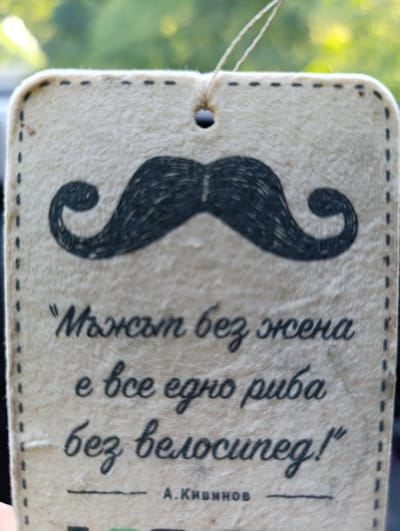 The image shows a close-up of a tag, possibly made of fabric or a similar material. The tag has a mustache graphic at the top and some text in what appears to be Russian or a related language. The text reads: "Мужът без жена е все едно риба без велосипед!" followed by "А. КивИнов". The tag is surrounded by a blurry, out-of-focus background with some green and yellow hues, suggesting foliage or outdoor scenery. The image does not provide any information to determine the tag's location in the city of Svetlina, Bulgaria.