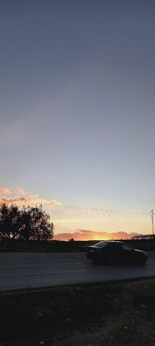 The image, oriented vertically as if rotated 90 degrees clockwise, captures a serene moment during either sunrise or sunset over a road in what appears to be a rural or semi-urban setting, identified as potentially Dar Oum Soltane, Morocco.

The sky dominates the frame, showcasing a beautiful gradient of colors. On the right side, closest to the light source, the sky glows with warm hues of orange, yellow, and soft pink, indicative of a low sun on the horizon. This transitions towards the left into cooler shades of blue and gray. Scattered clouds are visible, illuminated by the sun's soft light.

A prominent feature in the sky is a large flock of birds, flying in an extended, somewhat diagonal line across the upper-middle section of the image, their dark silhouettes contrasting against the lighter sky.

On the ground, a dark-colored car, possibly a sedan, is positioned on an asphalt road that stretches towards the horizon. The car is largely silhouetted against the bright sky. In the bottom right corner, the dark foliage of a tree is also silhouetted, adding depth to the foreground. Faint outlines of power lines or a utility pole can be seen in the distance on the far right.

The overall scene conveys a peaceful atmosphere, characteristic of a quiet transition period of the day. There is no visible text in the image.
