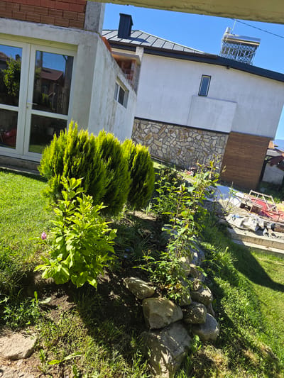 The image depicts a garden scene in Dorkovo, Bulgaria, adjacent to a two-story building. The building features a combination of white stucco and decorative stone veneer on its exterior, and it has a solar water heater on the roof. A pair of white-framed windows with reflective glass are visible on the ground floor.
The garden contains several plants, including two dense, dark green shrubs and a taller, leafy plant with slender branches. A rockery is located near the property line. The lawn is patchy with varying shades of green. A wooden fence is partially visible in the background.