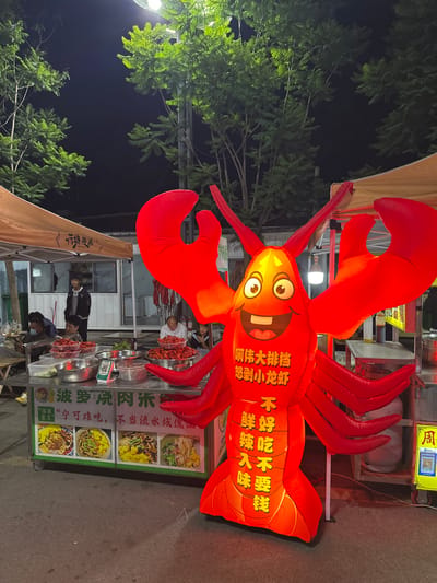 At night, a brightly lit, inflatable lobster decoration stands prominently in front of a food stall in Eshan Yi Autonomous County, China. The lobster, red and cartoonish with wide eyes and a large smile, has Chinese characters printed on its body. The food stall, which appears to be a mobile cart, is laden with bowls of red crawfish and other food items. Several people are visible, including vendors and customers, engaged in activities related to the food business. Tents and lighting suggest a lively night market atmosphere. The background shows trees and more stalls, indicating a commercial or street food area within the county.
