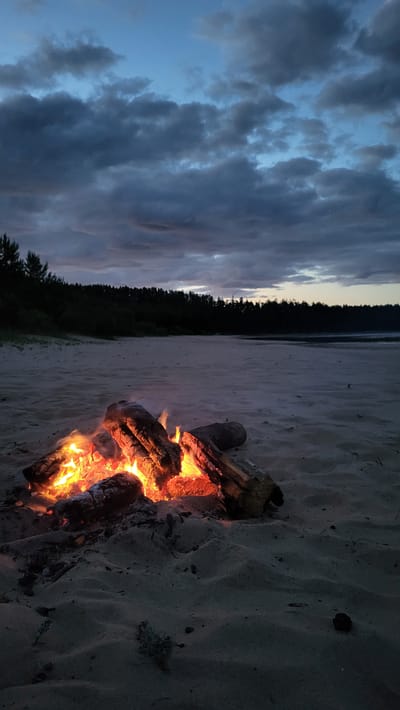 A campfire burns on a sandy beach at dusk. The logs in the fire are glowing red and orange, with flames licking upwards. The sand is a light beige color, and there are some small plants and debris scattered on it. In the background, a dark line of trees stretches across the horizon. Above the trees, the sky is a deep blue, with scattered dark clouds. The overall mood of the image is peaceful and serene, with a hint of melancholy.