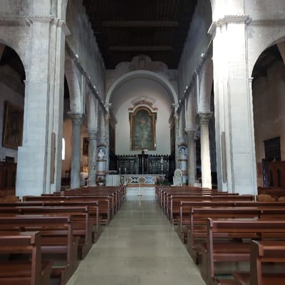 The image displays the interior of the Cattedrale di San Ciriaco in Ancona, Italy. The view extends down the central nave, looking towards the main altar at the far end.

The scene features a long, light-colored polished stone or tile floor as the central aisle. On either side of this aisle, numerous rows of dark brown wooden pews are arranged symmetrically, all facing the altar. The church is unoccupied, with no people visible.

The nave is defined by massive, light-colored stone pillars, which support a series of round arches connecting them. These arches separate the central nave from the darker side aisles. Above the pillars and arches, a dark, intricately patterned wooden ceiling with visible beams extends the length of the nave.

At the far end of the nave, the main altar area is visible within an apse. A large, ornate gold-framed religious painting is positioned above the altar. Below the painting, a dark, carved wooden reredos or backdrop is present. The main altar itself appears to be made of stone or marble, with some decorative elements and liturgical objects. On either side of the altar, within the apse, there are smaller niches or structures containing white marble busts. Natural light illuminates the altar area, likely from unseen windows in the upper sections of the church.

The side aisles contain additional architectural features and appear to house other artworks, including a large, dark-toned painting visible on the left wall.