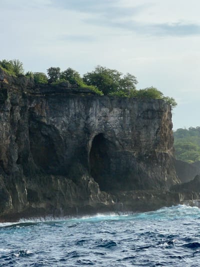 A towering, gray cliff face dominates the scene, heavily textured with crevices and ledges. Lush green vegetation clings to the top and sides of the cliff. A dark, hollowed-out cave is visible in the cliff's center. To the right, the dark blue ocean stretches out, its surface marked by ripples and waves. A faint, hazy sky completes the backdrop. The image is oriented vertically.