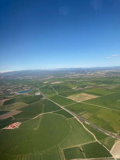 The image shows an aerial view of agricultural fields near Alguaire, Spain. The landscape is dominated by rectangular and circular plots, some displaying center-pivot irrigation systems creating concentric patterns. Visible are unpaved roads or paths that intersect the agricultural area. A few structures, potentially farm buildings, are situated within or near these fields. The color palette encompasses varying shades of green, brown and also red building roof. There is also a small lake, and the sky is clear and blue.