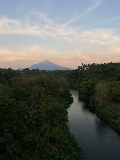 This image depicts a tranquil landscape at dusk, likely in Maumbi, Indonesia. A wide river meanders through lush, verdant vegetation, flanked by dense trees and some banana plants. In the distance, a majestic mountain looms, its peak softened by the fading light and wispy clouds that streak across the pale, pastel sky. The scene evokes a sense of peace and natural beauty. There are no people or discernable human activity in the image, emphasizing the natural elements.