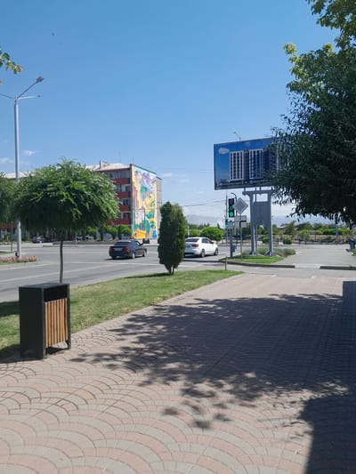 The image shows a street scene in Artashat, Armenia, on a clear, sunny day. The foreground features a paved pedestrian walkway with patterned interlocked bricks. To the left, a black trash receptacle with wooden slats stands on a patch of green grass. Beyond the grass is a road with two lanes of traffic. A dark-colored sedan is driving away from the camera on the right lane. A large, round, leafy tree is positioned in the middle ground, casting shadows on the walkway.

In the background, a multi-story building with a colorful mural on its side is visible. The mural depicts a landscape with mountains, figures, and abstract shapes. Across the street, a billboard advertising a building project titled "NINE ART TOWN" stands tall. The billboard features an image of two modern high-rise buildings. Traffic lights are visible at an intersection, with a green light illuminated. A white sedan is turning at the intersection. Further in the distance, more trees and hills are present, indicating a semi-urban or suburban setting within Artashat. The sky is a vibrant, cloudless blue.