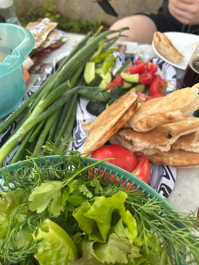 An overhead shot captures a picnic table laden with fresh ingredients for a meal. In the foreground, a green basket overflows with vibrant green lettuce, dill, and parsley. To the right, a stack of toasted flatbreads, golden brown and slightly puffed, rests on a patterned cloth. Slices of tomato and cucumber, along with several whole green onions, are scattered around the flatbreads. In the background, a teal plastic bowl and some packaged food items are visible, along with the edge of a white plate and a glass of dark liquid. The table is set outdoors, with hints of greenery and a blurred background suggesting a natural environment, possibly in Nizhniye Mully, Russia. The overall scene depicts a preparation for a shared meal, with an emphasis on fresh, raw ingredients.