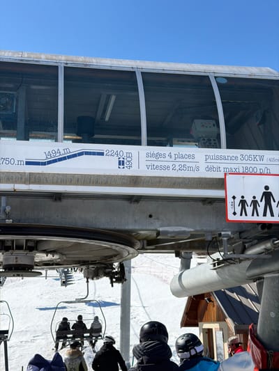 The image captures a ski lift boarding area at a mountain resort in Saint-Chaffrey, France, under a clear blue sky. The upper portion of a metallic and glass-enclosed ski lift station dominates the top half of the frame. Visible through the glass are internal mechanical components and a control panel. A white banner affixed to the station displays operational specifications in French: "sièges 4 places" (4-seater chairs), "puissance 305KW (415cv)" (power 305 kilowatts), "vitesse 2,25m/s" (speed 2.25 meters/second), and "débit maxi 1800 p/h" (maximum flow 1800 people/hour). Altitude markers "1494 m" and "2240 m" indicate a 490 m elevation change. Below the banner, a large metal bullwheel, part of the cable guidance system, is prominent. To the right, a red and white sign displays pictograms of increasing human sizes, accompanied by text indicating a minimum height of ">-1.25 m". In the immediate foreground, the backs of at least three individuals wearing ski helmets and winter attire are visible, waiting in what appears to be a queue for the lift. A four-seater ski chair, carrying four passengers in similar winter gear and helmets, is seen moving away from the station over a snow-covered slope. A small, wooden building with a brown roof is partially visible to the right of the lift line. The ground is covered in white snow, indicating active winter conditions.