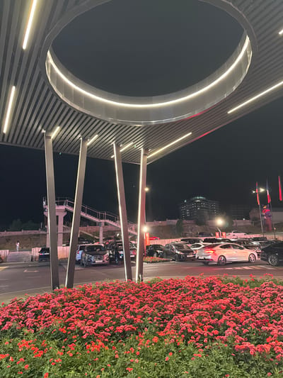 The image captures an outdoor nighttime scene in Proshyan, Armenia. In the foreground, a dense bed of vibrant red roses fills the lower portion of the frame. Behind the flowers, a parking lot is populated with numerous cars, including a white sedan with its brake lights illuminated and a silver Hyundai SUV. Several tall, modern light poles with integrated lighting stand prominently, supporting a large, circular, illuminated awning structure above. In the background, a multi-story building with illuminated windows is visible, along with construction sites and flags. A pedestrian walkway with stairs ascends on the left side of the image, where a lone individual can be seen standing. The overall impression is a well-lit, modern, and somewhat urban setting at night, possibly a commercial area or entertainment venue, accentuated by the floral landscaping.