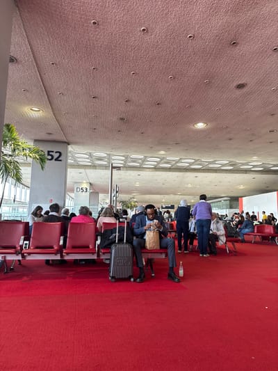 The image displays an interior scene of a passenger waiting area at Paris-Charles de Gaulle Airport (CDG) in Tremblay-en-France, France. A wide red carpet covers the floor. The ceiling is textured with a pinkish-beige finish, featuring numerous recessed circular light fixtures and, further back, a grid of circular elements suggestive of skylights or additional lighting. Large grey pillars, one marked "D52" and another "D53," stand vertically.
In the mid-foreground, a Black male wearing a dark suit, dark shirt, and eyeglasses is seated in a red airport chair. He is actively unwrapping or eating from a brown paper bag, labeled "PAUL," which he holds with both hands. He wears headphones. A dark grey rolling suitcase with a ribbed design is positioned on the floor to his immediate left, and a clear plastic water bottle lies on the floor to his right.
To the left and behind this individual, several other passengers are seated in rows of red chairs, predominantly facing away from the camera. In the mid-ground, a person wearing a purple top stands. Further into the background, numerous additional individuals are visible, some seated and others standing, within the expansive terminal space. Large windows on the left side offer a view of an exterior area. Green palm fronds are visible near the base of the D52 pillar.