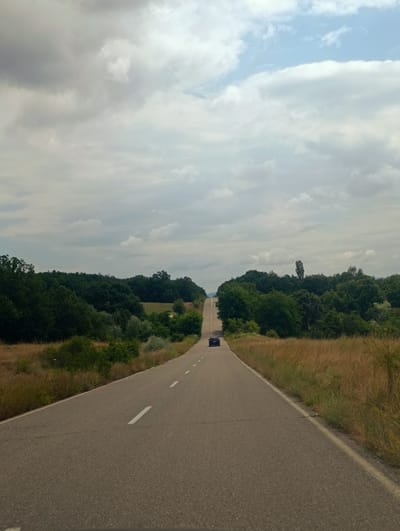 An asphalt road curves gently uphill, flanked by dry, golden grass on the right and lush green trees on the left. The road, marked with white dashed lines, stretches towards a distant crest. A dark-colored car is visible driving up the incline. The sky above is a mix of heavy, gray clouds and patches of pale blue. The surrounding landscape suggests a rural or semi-rural setting, possibly in the vicinity of Vodentsi, Bulgaria, given the terrain and vegetation. The overall impression is one of a journey through a natural, somewhat overcast environment.