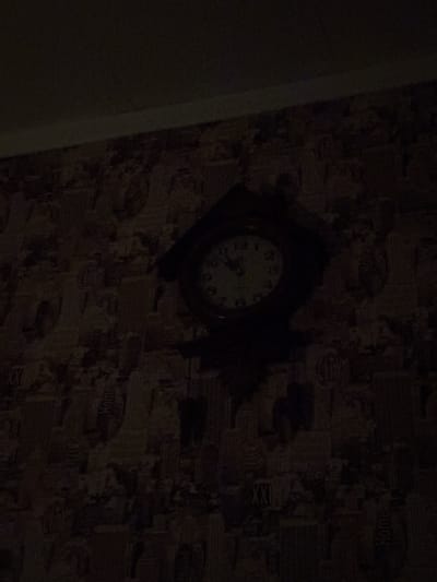 The image shows a dark, dimly lit interior. A clock with Roman numerals is mounted on a wall covered in patterned wallpaper, possibly depicting city buildings. The wallpaper pattern is intricate and appears to have a vintage or ornate design. The lighting is very low, casting deep shadows across the scene and making it difficult to discern fine details. The image does not provide any information about the location within Sovkhoza "Razdol'e", Russia, nor does it contain any people, actions, or interactions. It is a still, observational shot of an interior element.
