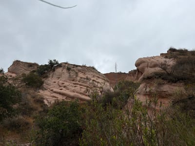 This media file depicts a natural landscape under an overcast sky. The scene features large rock formations with layered textures and numerous small holes or indentations on their surfaces. These rock formations are interspersed with vegetation, including trees and shrubs, which appear dry and somewhat sparse, suggesting a semi-arid or dry climate. The foreground is dominated by dense green foliage, with some taller, thinner plants and bushes. In the background, the rock formations rise upwards, with a single, bare tree visible on the slope of one of the larger hills. The overall impression is one of a rugged, natural environment. The time of day appears to be daytime, given the ambient light, and the weather is cloudy, creating a diffused light. There are no people or visible objects, besides the natural elements. The location context suggests this is a scene from Lake Forest, United States of America, likely a natural park or wilderness area. There is no visible text in the image.