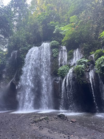 This media file captures a scenic view of a waterfall in a lush, tropical environment, likely in Bangli, Indonesia. The main subject is the cascading water, which appears to be flowing over dark, moss-covered rocks. The water is white and frothy, creating a dynamic visual effect as it tumbles down. On either side of the waterfall, dense green foliage thrives, with ferns and other tropical plants clinging to the rocky surfaces and surrounding trees. The overall impression is one of natural beauty and tranquility. The light suggests it is daytime, possibly morning or afternoon, with diffused sunlight filtering through the dense canopy. The ground beside the waterfall is a dark, pebbly surface, indicating the edge of a river or pool. There is no visible text in the image. The scene evokes a sense of peace and the raw beauty of nature.
