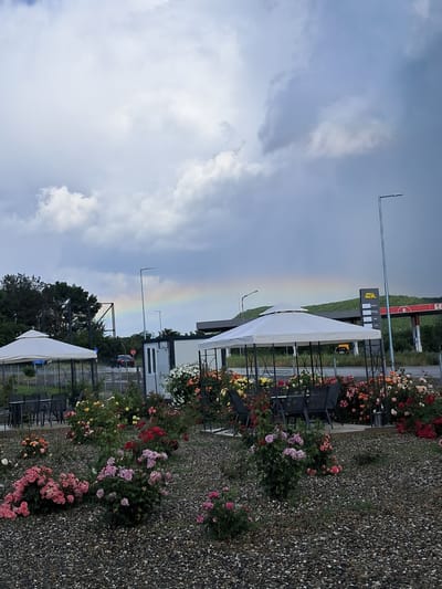 A landscape-oriented photo reveals a rainbow spanning across the sky, above a scene with a gas station, white sun umbrellas, and a flower garden adjacent to a gravel area. The sky is predominantly overcast with various shades of gray clouds. The rainbow's arc descends near a gas station, identified by its price signage and the logo. Beneath the rainbow, partially obscured by the umbrellas, is a building. A row of colorful flowers (red, orange, yellow, pink, and white) lines a gravel surface. The location is Marino Pole, Bulgaria. There are no people visible in the image.