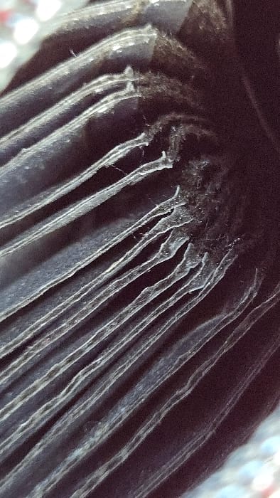 The image shows a close-up of multiple, thin, dark objects, possibly pages, arranged diagonally. Their edges are frayed and worn, exhibiting small, light-colored fibers. The top portion of the image is dominated by a darker area, contrasting with the more illuminated, textured surfaces of the objects below. The overall impression is one of age and delicate fragility.