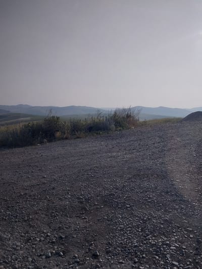 The image depicts a rural landscape with rolling hills in the background. In the foreground, there is a gravel road or path. Vegetation, including dry grasses and some green bushes, lines the edge of the path. The sky is overcast, with a hazy or dusty appearance. There are no people or man-made structures visible in the image. The location is identified as Berezovo, Russia.