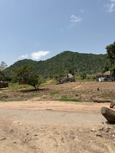 This is a photograph taken in the city of Lankoviri, Nigeria, showing a rural landscape with a large, tree-covered hill in the background. In the foreground, there is a dirt road and a field. Several small, thatched-roof huts are scattered throughout the scene, some with what appear to be motorcycles parked nearby. The overall impression is one of a simple, rural community.