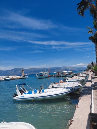The image depicts a serene harbor scene in the Municipal Unit of Aegio, Greece, under a bright blue sky dotted with wispy white clouds. The foreground features several inflatable and rigid-hull boats moored along a concrete quay. The closest boat is a white rigid-hull inflatable boat with blue accents and a Suzuki outboard motor. Behind it, a line of smaller inflatable boats, some covered, are secured to the quay.

In the middle ground, the clear turquoise water of the harbor is visible, reflecting the sky and boats. Further out, several larger fishing boats with covered decks are anchored. In the distance, a stone lighthouse stands on a jetty, surrounded by smaller vessels. Beyond the harbor, a range of mountains forms the backdrop, their slopes covered in vegetation. A palm tree with lush fronds is visible in the upper right corner, framing the scene. The overall atmosphere is one of tranquility and maritime activity.