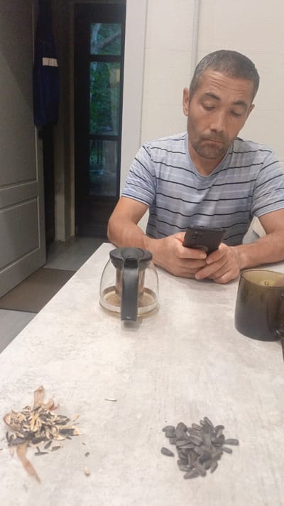 A man is sitting at a table, looking at his phone. He is wearing a striped t-shirt. On the table, there is a glass teapot, a dark mug, and two piles of sunflower seeds. One pile appears to be discarded husks, while the other is a cluster of intact seeds. In the background, there is a doorway with a window, through which trees and foliage are visible, suggesting an outdoor scene beyond. A door is ajar to the left, revealing a hallway. The lighting suggests it is daytime, possibly late afternoon or evening. The man's expression is neutral, focused on his phone. The setting appears to be domestic, possibly a kitchen or dining area in Nikolino, Russia.