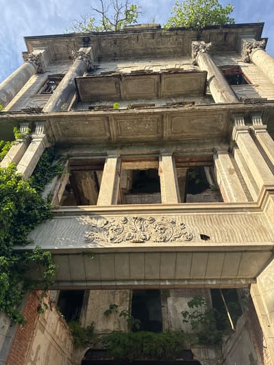 The photograph captures a severely dilapidated building in Tsanbaikwara, Abkhazia. The structure, likely of neoclassical or Beaux-Arts design, is in an advanced state of decay, with open window cavities exposing inner brickwork and crumbling floors. Vegetation is aggressively reclaiming the building, with vines and small trees sprouting from within and along its exterior. Architectural details such as columns, decorative paneling, and intricate facade ornamentation are still visible, indicating its former grandeur. The image is shot from a low angle, emphasizing the building's verticality and the extent of the decay. The sky is visible in the upper left corner.