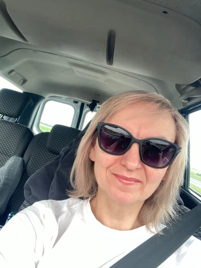 A woman with blonde hair and sunglasses is taking a selfie inside a car. She is wearing a white t-shirt and a seatbelt. The interior of the car is visible, including the seats and the ceiling. Outside the car windows, a rural landscape with fields and a road can be seen, suggesting the location is in the vicinity of Лугаваслабадскі сельскі Савет, Belarus. The lighting suggests it is daytime.