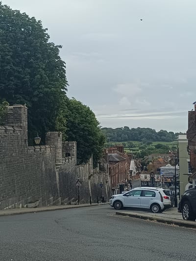 The image captures a view of a street descending in Arundel, United Kingdom. On the left, a tall, ancient stone wall, likely part of Arundel Castle, runs along the road. Trees with dense green foliage are situated behind and above the wall. The street itself is paved and slopes downwards, with a white hatchback car parked on the right side, followed by other vehicles. In the distance, the town's rooftops are visible, set against a backdrop of rolling green hills under a cloudy sky. A single black bird is seen in flight against the sky.