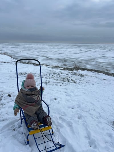 The image depicts a toddler seated in a blue and yellow metal sled on a snow-covered bank in Primorka, Russia. The child is dressed in winter attire, including a pink knit hat with a pom-pom, a light blue jacket, grey snow pants, brown mittens, and dark boots. A multi-patterned beige scarf covers the child's lower face, leaving only the eyes visible. The child's gaze is directed towards the viewer. A black cord, possibly a pull rope, is attached to the front of the sled. The background features a vast body of water, largely covered by fragmented ice sheets, extending under a uniformly overcast grey sky. The immediate foreground and middle ground consist of snow-covered terrain with visible patches of dark soil and sparse, dry vegetation along the icy shoreline.