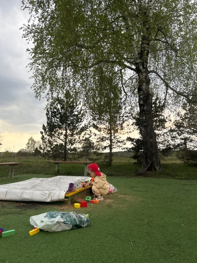 A young child wearing a red hat and tan clothing is playing with colorful building blocks on a patch of artificial turf in a grassy area. A large white tarp sits nearby, along with a bag. A birch tree stands to the left, and other trees are visible in the background. The image was taken in Борщевка Малая, Russia.