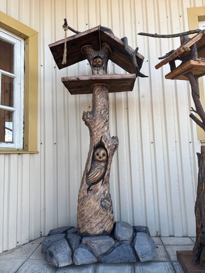 The image shows a carved wooden sculpture of a tree with two owls in carved niches, placed outdoors against a building with corrugated siding. The sculpture is positioned on a tiled surface and surrounded by a cluster of grey, rock-like objects at its base. A window with a yellow frame is visible to the left of the sculpture. The overall setting appears to be a commercial or public space.
