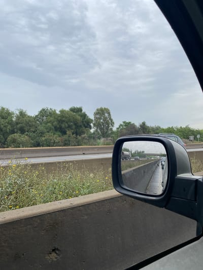A view from inside a vehicle moving along a highway near Sidi Moussa, Algeria, as suggested by the roadside environment. The sky is overcast. The vehicle's side mirror reflects a line of cars on the same road, suggesting traffic. The roadside features low-lying greenery interspersed with yellow wildflowers and a concrete barrier. The scene suggests a wet or recently wet road surface due to its sheen.