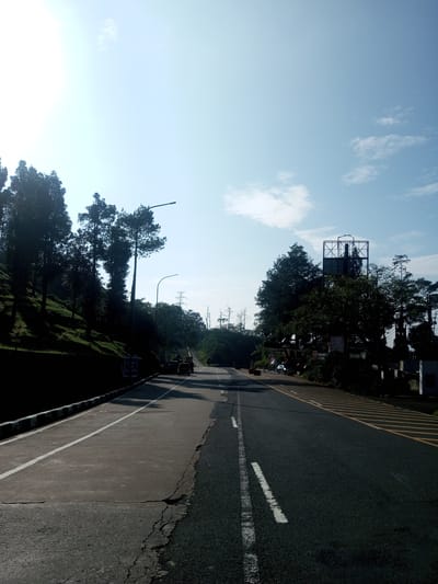 The image depicts a two-lane road winding through a forested area. The road is paved with asphalt, showing signs of wear and cracking on the left lane. A solid white line divides the lanes, and yellow lines mark the shoulder on the right side of the road. On the left side, a grassy hillside rises, covered with trees, casting shadows on the road. A few vehicles are visible in the distance along the road. Streetlights are placed along the side of the road. The sky is bright, with scattered clouds visible. The scene appears to be outdoors in daytime. The location cannot be determined from the image.