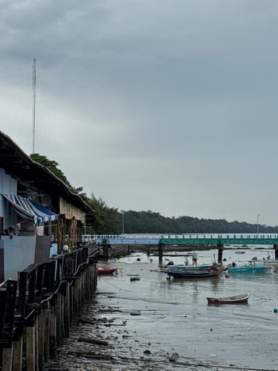 A coastal scene in Ban Phe, Thailand, captures a weathered stilt house with a striped awning and hanging laundry alongside a muddy, low-tide shoreline. Several small fishing boats are moored in the calm, gray water. In the background, a long bridge with green and blue sections spans the water, with a dense line of trees forming the horizon. A tall communication tower stands to the left of the frame, partially obscured by the stilt house and trees. The sky is overcast with muted, gray clouds.