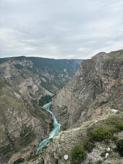 The image depicts a panoramic view of a deep canyon with a turquoise river flowing through it. The canyon walls are steep and rugged, with layers of rock visible. Vegetation, including trees and shrubs, grows on the slopes and at the bottom of the canyon. The sky is overcast with gray clouds. The scene is of the Sulak Canyon, located near the city of Chirkey in Dagestan, Russia. There are no people or animals visible in the image. The composition suggests the photograph was taken from a high vantage point, possibly a viewpoint or hiking trail overlooking the canyon.