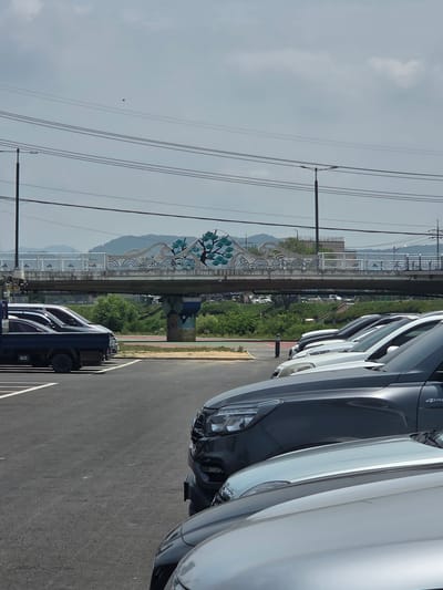 A parking lot is shown in front of a pedestrian bridge in Anseong-si, South Korea. Several cars, including a dark blue truck, a white SUV, and a dark grey SUV, are parked. The bridge has ornate white railings and a decorative element featuring a stylized tree with teal leaves. The bridge spans over a green, vegetated area with a road or path visible below. In the background, mountains are visible under a cloudy sky, with power lines running overhead. A single bird is visible in the sky. The scene appears to be captured on a daytime.