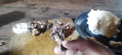 In Shirungu-Mugai ward, Kenya, an elevated close-up perspective captures a meal laid out on a rustic wooden surface. A dark-skinned hand is visible in the lower right quadrant, grasping a small, irregularly shaped piece of dark, cooked meat or bone, exhibiting a well-done or partially charred appearance with minute white flecks. To the left, on a light-colored wooden cutting board or table, are additional similar pieces of cooked meat/bone and a small mound of white granular substance, consistent with salt or seasoning. In the upper right, a dark blue or black plate holds a substantial portion of a light-colored, solid, starchy food, consistent with *ugali*. The background consists of the worn wooden surface, indicating a simple indoor or informal outdoor setting. The visible hand is actively holding the meat, suggesting direct consumption of the prepared meal.