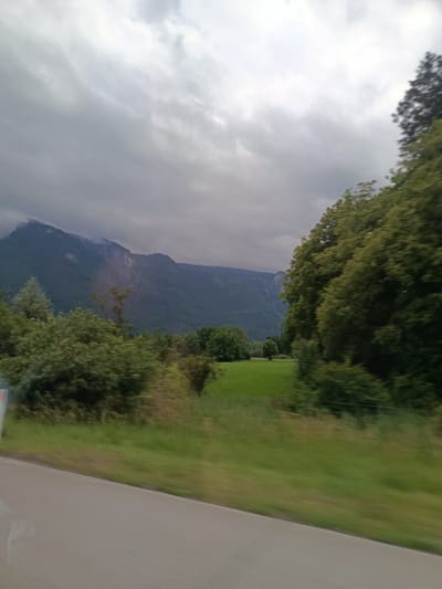 This image captures a scenic view of the landscape near Glanegg, Austria. In the foreground, a gray paved road is visible, blurred due to motion. Beyond the road, a vibrant green field stretches across the middle ground, dotted with a few trees. The background is dominated by imposing, dark green mountains shrouded in dramatic, overcast skies. Lush green trees line the right side of the image, their leaves also blurred by movement, suggesting the photo was taken from a moving vehicle. The overall impression is one of natural beauty under a moody, cloudy sky.