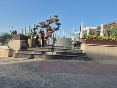 The image shows an outdoor scene in Birżebbuġa, Malta, featuring a paved walkway in the foreground with a pattern of grey and red brick pavers. In the background, there are steps leading up to a raised area with a large, sculpted olive tree. A person wearing a grey t-shirt and dark shorts is standing near the tree, holding a broom. To the left of the tree, there is a decorative sculpture resembling a giraffe. Further back, there are buildings with modern architecture, some covered with greenery. Several large, white, umbrella-like structures are also visible, along with potted plants and outdoor furniture. The sky is clear and blue, indicating a sunny day.