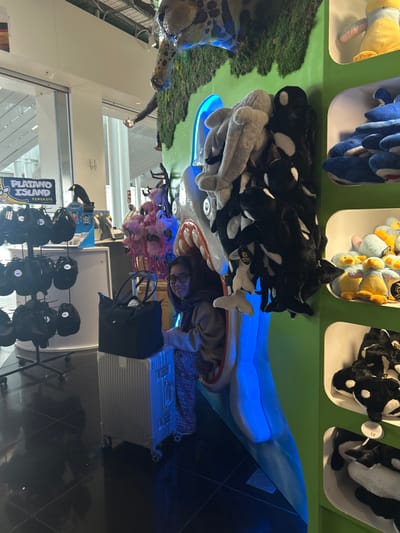The image depicts a woman standing near a large, colorful, shark-shaped display inside a store. The shark's mouth is open and filled with stuffed orca whales. The woman is wearing a brown cardigan and a light scarf. Her face is visible in the image.  The woman appears to be waiting to have a photo taken with the display.  The store is brightly lit, with white walls.  There are several shelves in the background filled with stuffed animals. In the foreground, the woman is standing near a silver suitcase and a black handbag. The image was taken at a store named "Platano Island" located in the city of Granadilla, Spain (latitude: 28.047, longitude: -16.58).  The store appears to be located in a large, open space with a high ceiling and a large window in the background.  There are no other people visible in the photo.