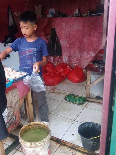 A young boy, appearing to be of Indonesian ethnicity and dressed in a blue t-shirt and grey cargo pants, stands behind a market stall in what is presumed to be Megamendung, Indonesia. He is holding a clear plastic bag in his right hand, with his left hand reaching into a blue tray containing numerous chicken feet. The stall features a red-painted wall in the background, with various items hanging and resting on shelves. In the foreground, a large white bucket filled with a green liquid is visible, along with a black bucket to its right. Several large red plastic bags are stacked to the right of the boy, and a green plastic-wrapped item rests on the tiled floor. The overall environment suggests a food market setting with a focus on fresh produce.